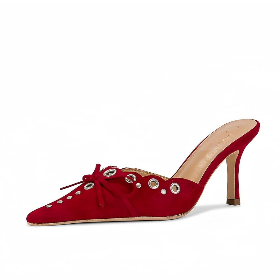 keleimusi Mid Heel Slip On Suede Pumps Studded Bow Heeled Mules Sandals Pointed Toe Shoes for Wom... | Amazon (US)