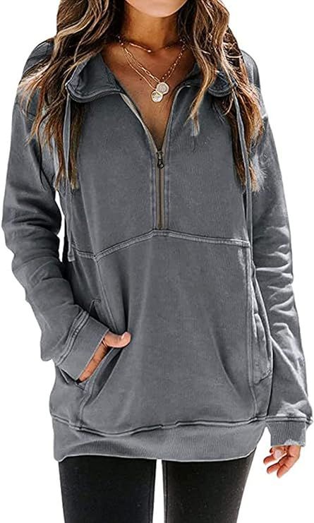 Women's Casual Long Sleeve Half Zip Sweatshirt Lapel Drawstring Oversized Pullover Tops with Pock... | Amazon (US)