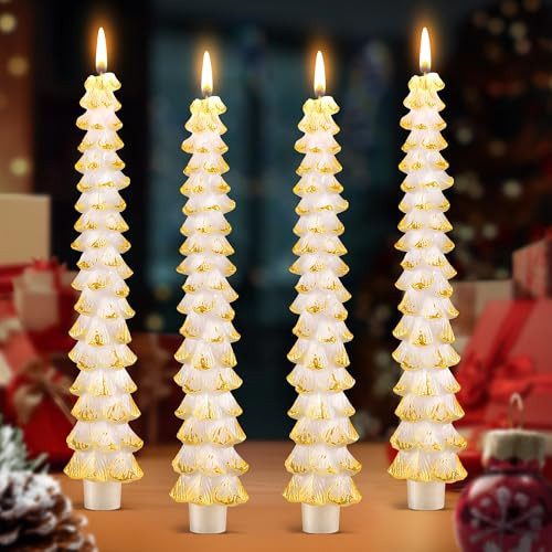4 Pack Christmas Tree Candles, 10 Inch Unscented Tree Shaped Taper Candles Decorative Christmas Beeswax Candle for Xmas Holiday Decor, Party Banquet Centerpiece Decorations (White with Gold Trim) | Amazon (US)