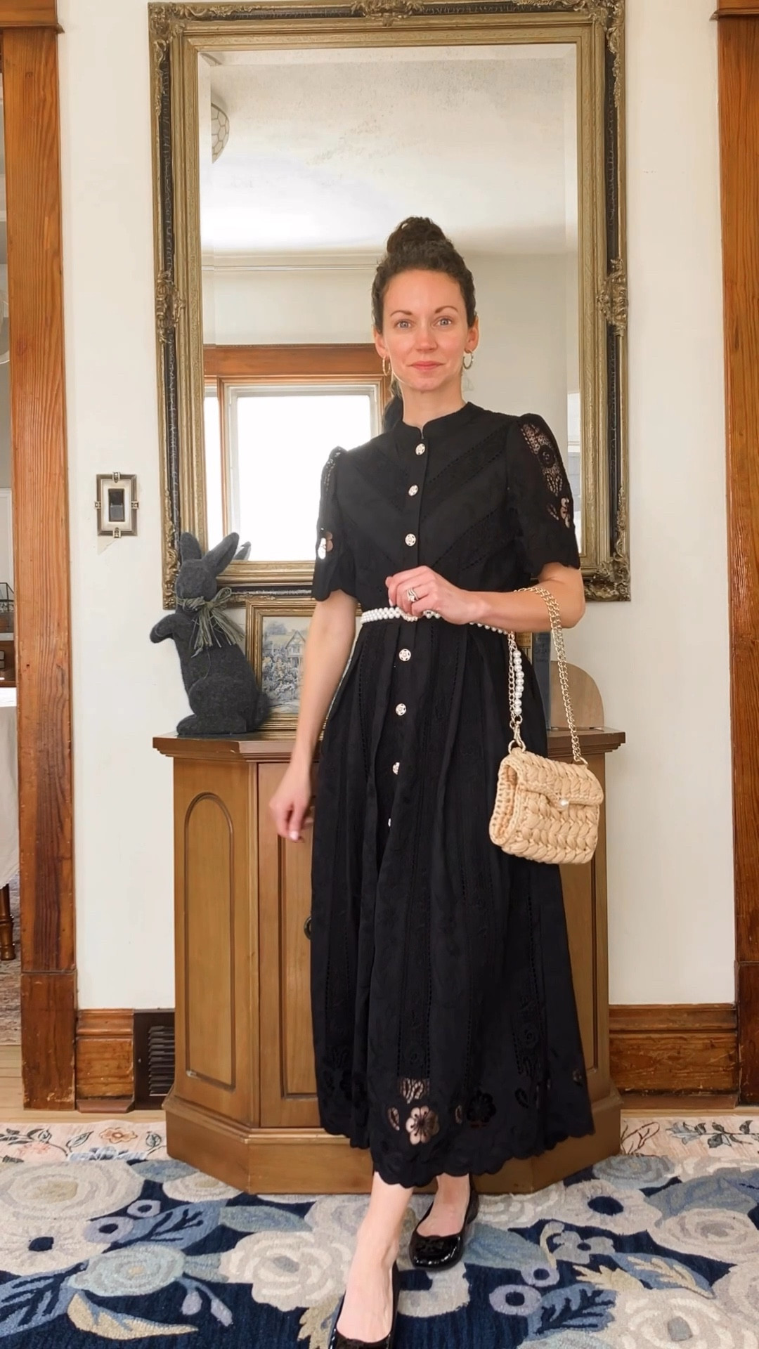 A beautiful lace dress for spring!
Black lace dress from Chicwish. 
Crystal hoop earrings are from a local boutique, linking similar. 
Woven handbag from Chicwish. 
Black leather ballet flats are old from Tory Burch, linking similar. 
Petite outfit. Classic outfit. Spring dress. Easter dress. Modest dress. Classic outfit. Parisian outfit. 