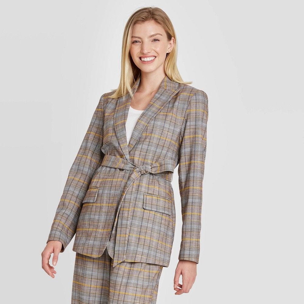 Women's Plaid Tie Waist Blazer - A New Day Brown XL | Target