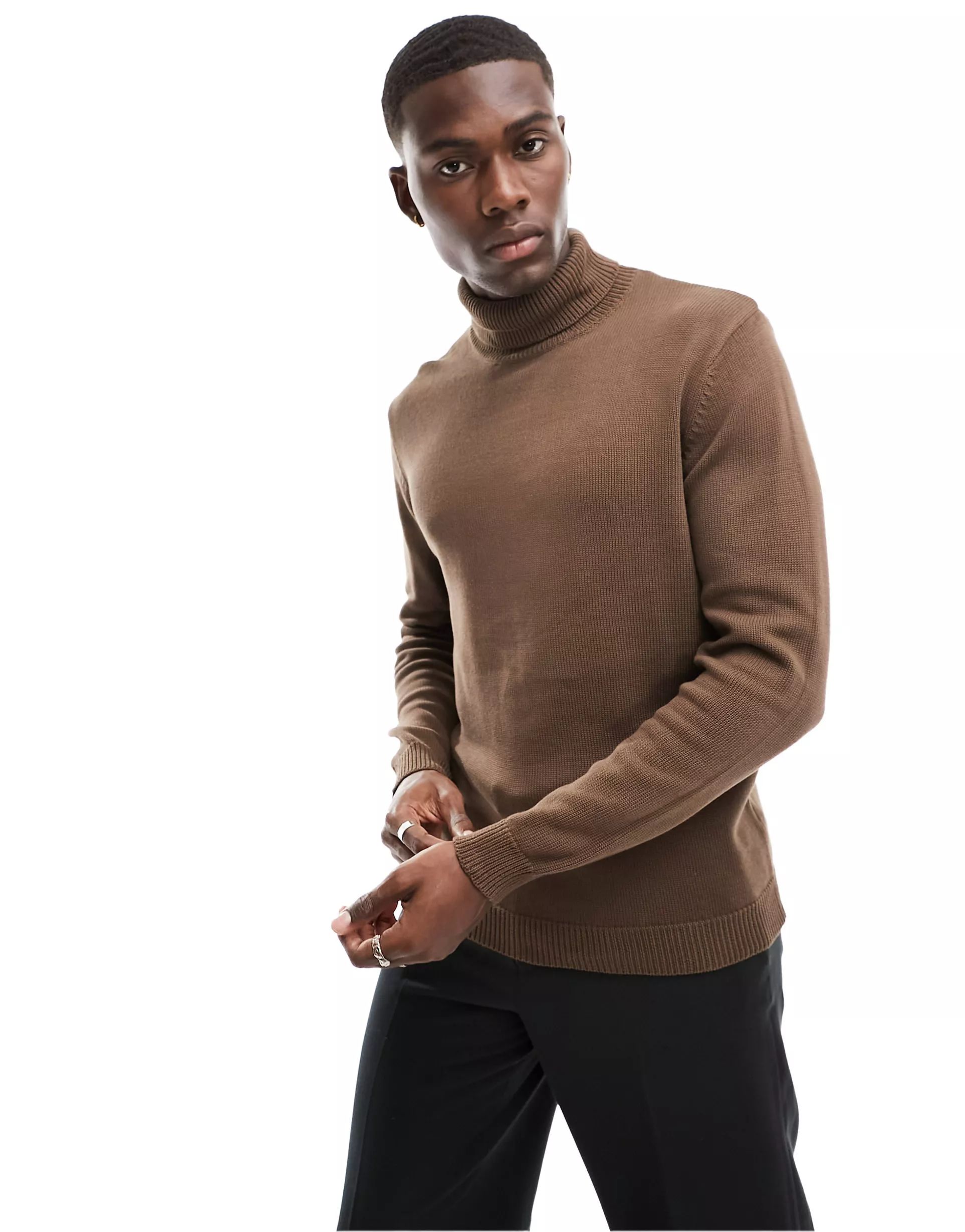 ASOS DESIGN midweight knitted cotton roll neck sweater in brown | ASOS (Global)