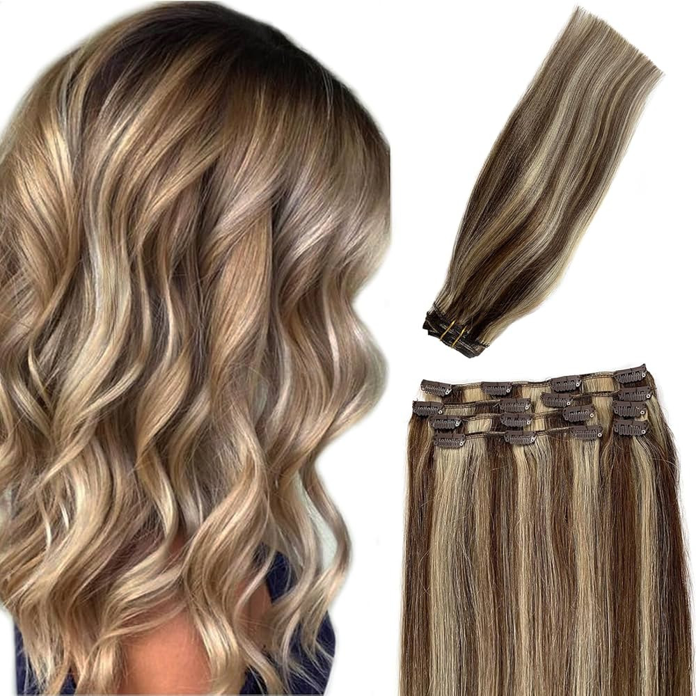 Remy Clip in Hair Extensions Blonde with Brown Balayage Clip ins Extensions Human Hair Silky Stra... | Amazon (US)