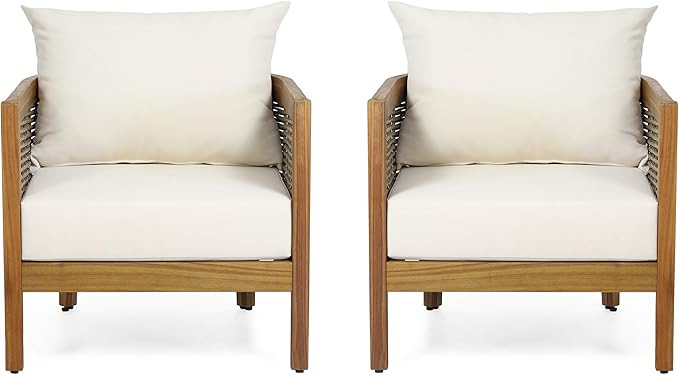 Burchett Outdoor Club Chair with Cushion - Acacia Wood and Wicker - Teak/Mixed Brown/Beige (Set o... | Amazon (US)