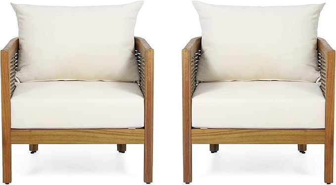 Burchett Outdoor Club Chair with Cushion - Acacia Wood and Wicker - Teak/Mixed Brown/Beige (Set o... | Amazon (US)