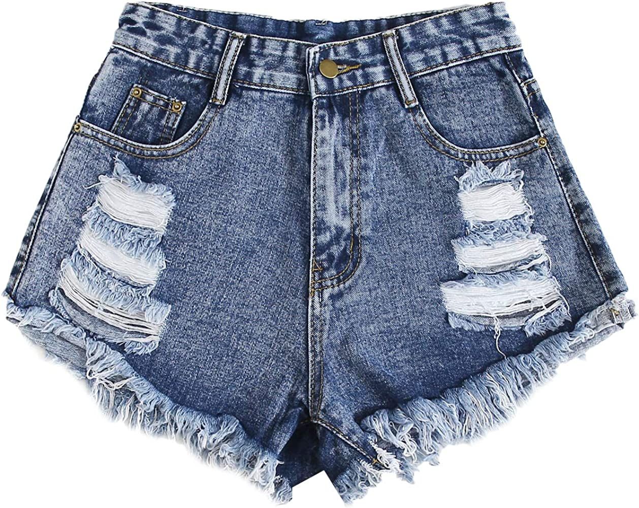 WDIRARA Women's Raw Hem Ripped Button Front Wide Leg Denim Jeans Casual Solid Shorts | Amazon (US)