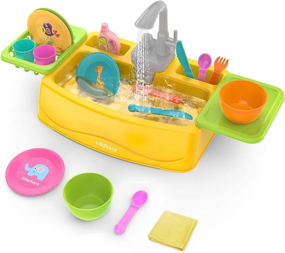 KINDIARY Play Kitchen Sink Toy with Running Water for Kids Toddler, Learning Dishwasher Set with ... | Amazon (US)