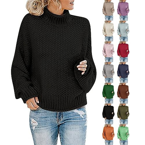 Womens Chunky Turtleneck Sweater Batwing Long Sleeve Knitted Sweater Comfy High Neck Solid Pullover Sweater Casual Warm Fall Winter Tops Oversized Sweatshirt Black | Amazon (US)