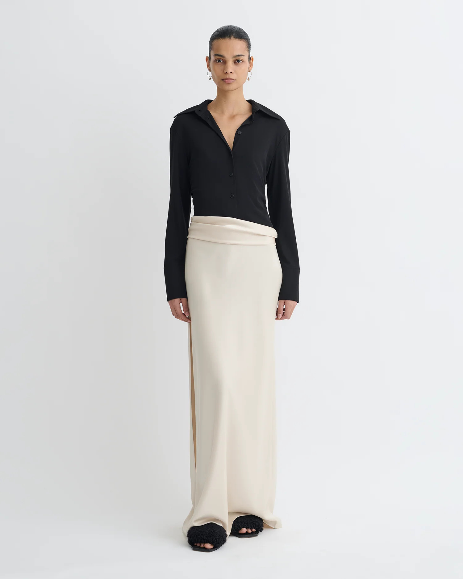 Scylla - Mesh Jersey and Slip Satin Dress - Creme/Black | Nanushka