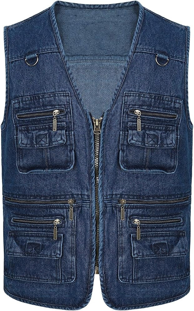 Spanye Men Denim Vest Outdoor Work Jacket Multi Pocket for Travel Photo Fishing Big & Tall | Amazon (US)