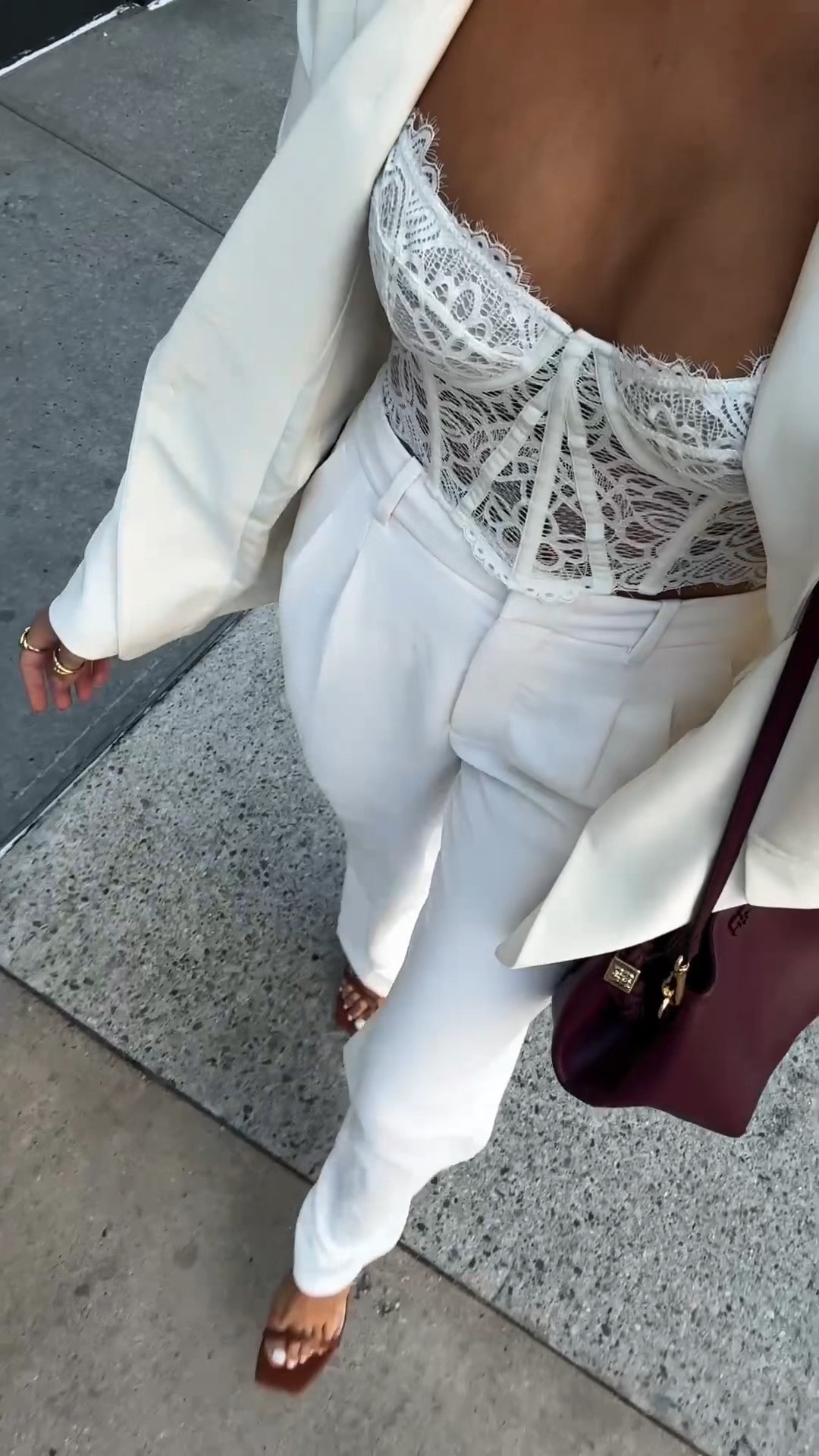 Lace corset top (small) paired with white trousers (26) and a white blazer (small)


#LTKStyleTip #LTKNYFW #LTKParties