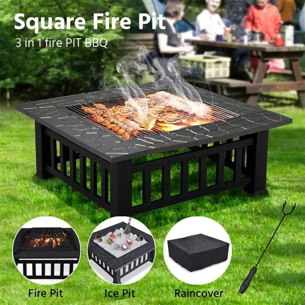32" Outdoor Metal Firepit Backyard Patio Garden Square Stove Fire Pit With cover - Walmart.com | Walmart (US)
