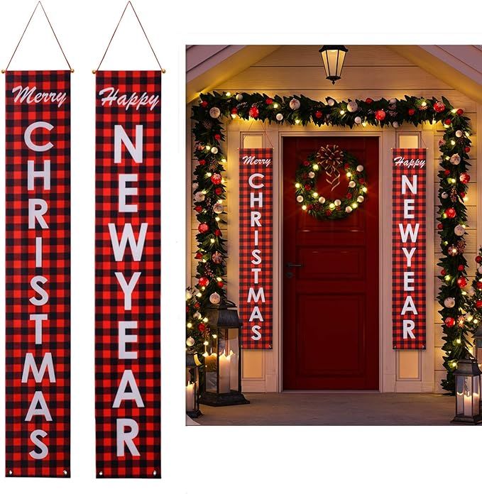 Christmas Porch Sign, Merry Christmas Happy New Year Red Buffalo Check Plaid Xmas Banners, Christ... | Amazon (US)