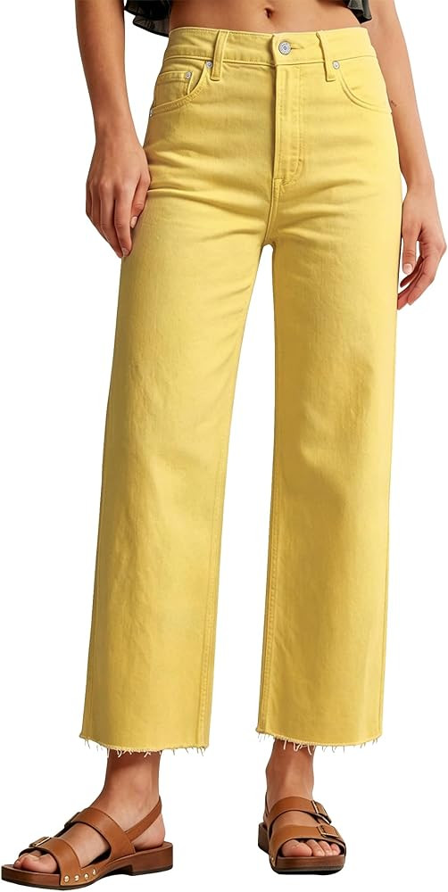 Allimy Womens Tummy Control High Waisted Straight Leg Jeans Stretchy Raw Hem Cropped Denim Pants | Amazon (US)