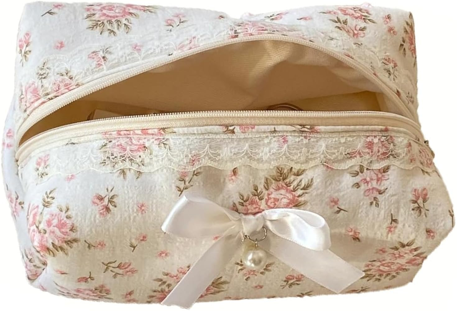 Cute Quilted Pink Bow Floral Makeup Bag Coquette Small Toiletry Purse for Women, Travel Makeup Va... | Amazon (US)