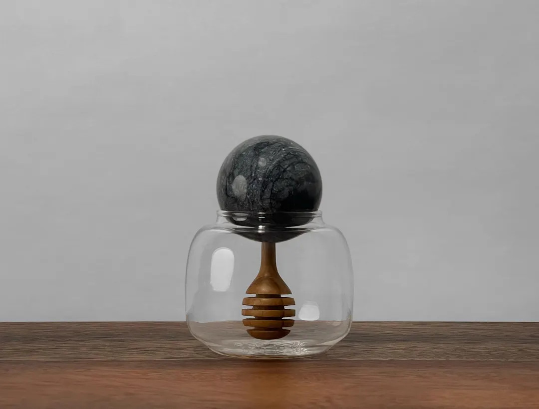 Decorative Glass Honey Pot with Marble Ball Lid and Inset Wood Honey Dipper | Etsy (US)