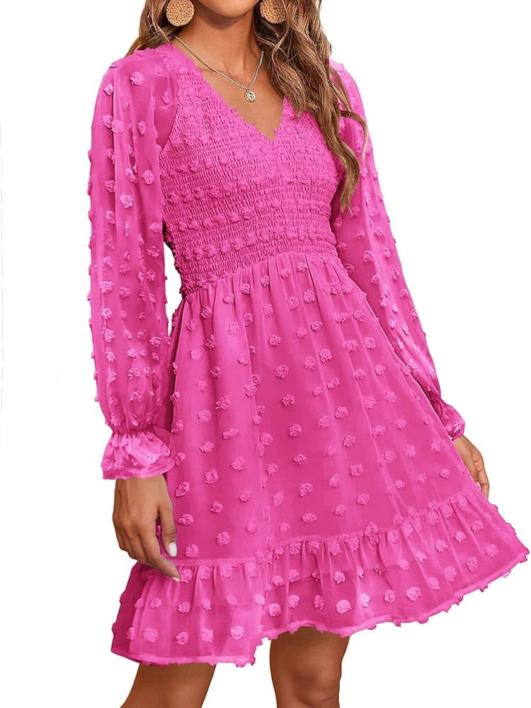 BTFBM Women V Neck Smocked Short Dress Long Sleeve Flowy Casual Swiss Dot Ruffle Chiffon Mini Sum... | Amazon (US)