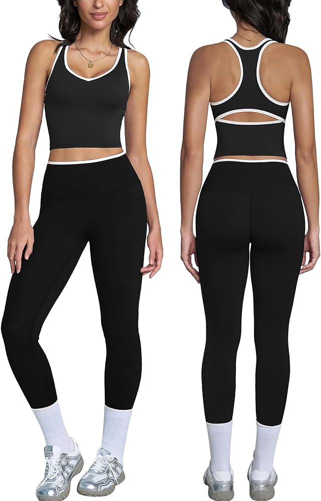 Amazon.com: ABOCIW Workout Sets for Women Color Block Gym Set V Neck Racerback Tank Top Built in ... | Amazon (US)