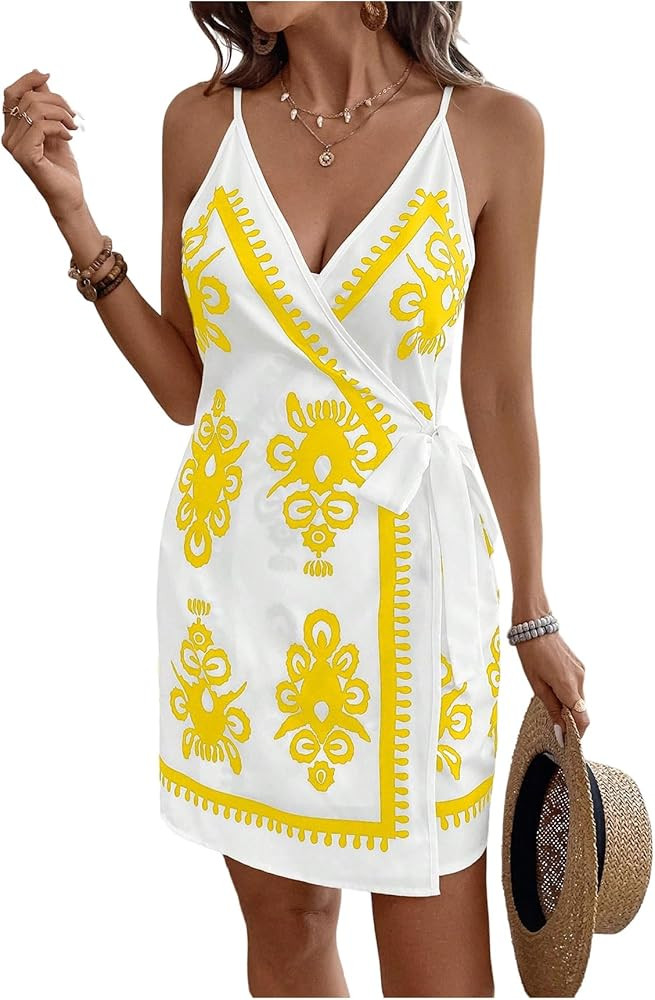 Women's Tropical Print Cami Dress Sleeveless Wrap V Neck Tie Knot Boho Short Dresses | Amazon (US)