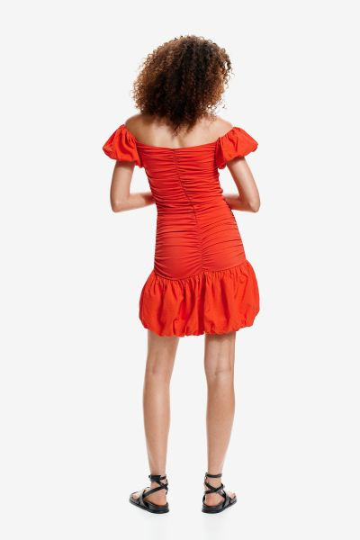 Off-the-shoulder Bubble-hem Dress - Short - Red - Ladies | H&M US | H&M (US + CA)