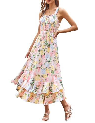 GRACE KARIN Women's 2026 Summer Floral Boho Dress Square Neck Strapped Swing A Line Sundress Beach Long Maxi Outfits Blue Yellow S | Amazon (US)