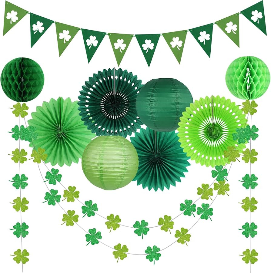 St Patricks Day Decorations, Green Party Supplies Four-leaf Clover Garland Tissue Paper Fan Paper... | Amazon (US)