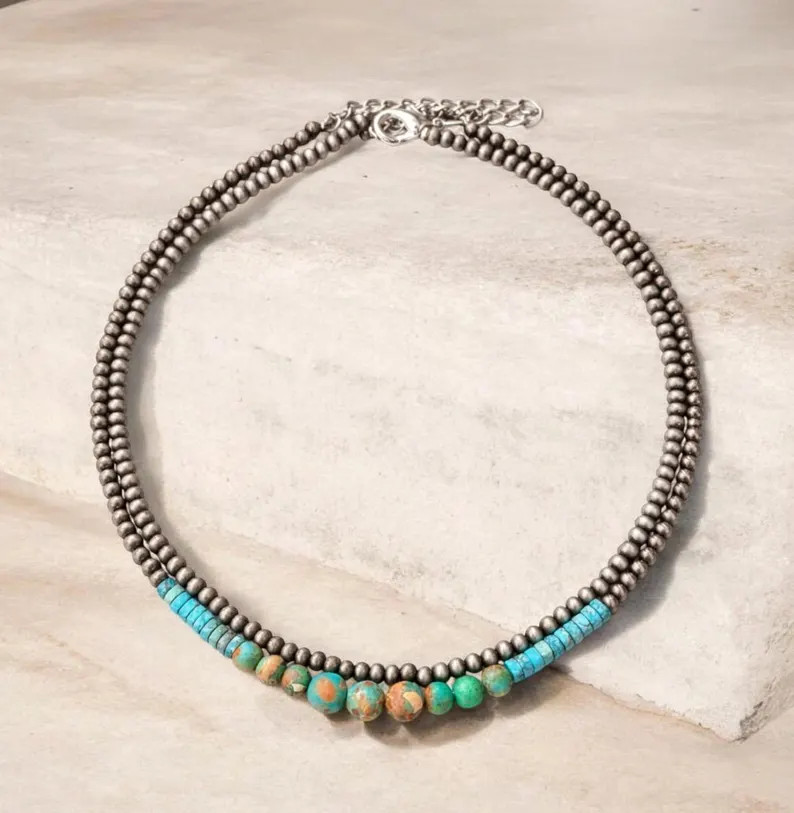 Turquoise Beaded Choker Necklace, Western Style Gemstone Necklace - Etsy | Etsy (Global)