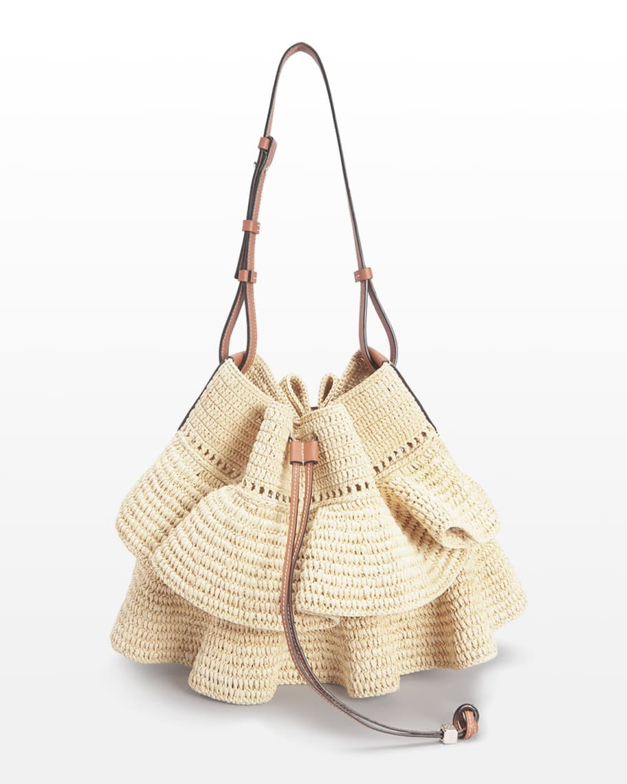 Loewe x Paula&rsquo;s Ibiza Balloon Ruffled Raffia Shoulder Bag | Neiman Marcus