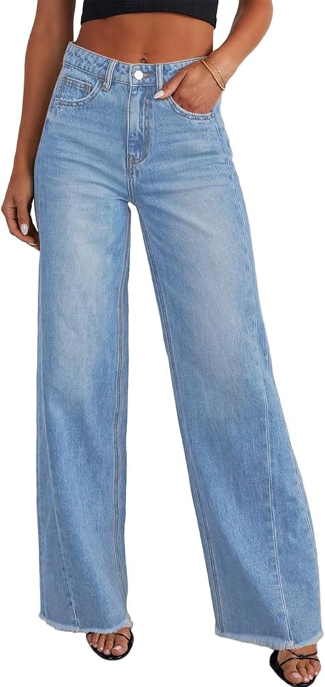Sidefeel Women's Wide Leg Jeans High Waisted Stretchy Raw Hem Zimbaplatinum Denim Pants | Amazon (US)