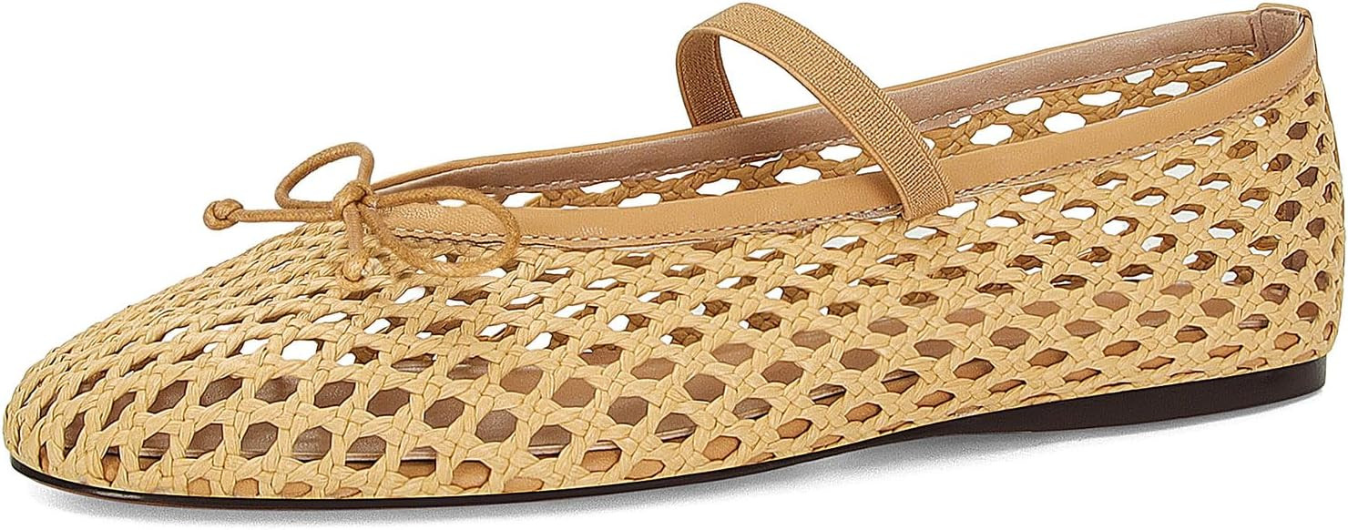 ZJGZF Woven Ballet Flats for Women Cute Raffia Mary Janes Bow Elastic Strap Summer Straw Comforta... | Amazon (US)