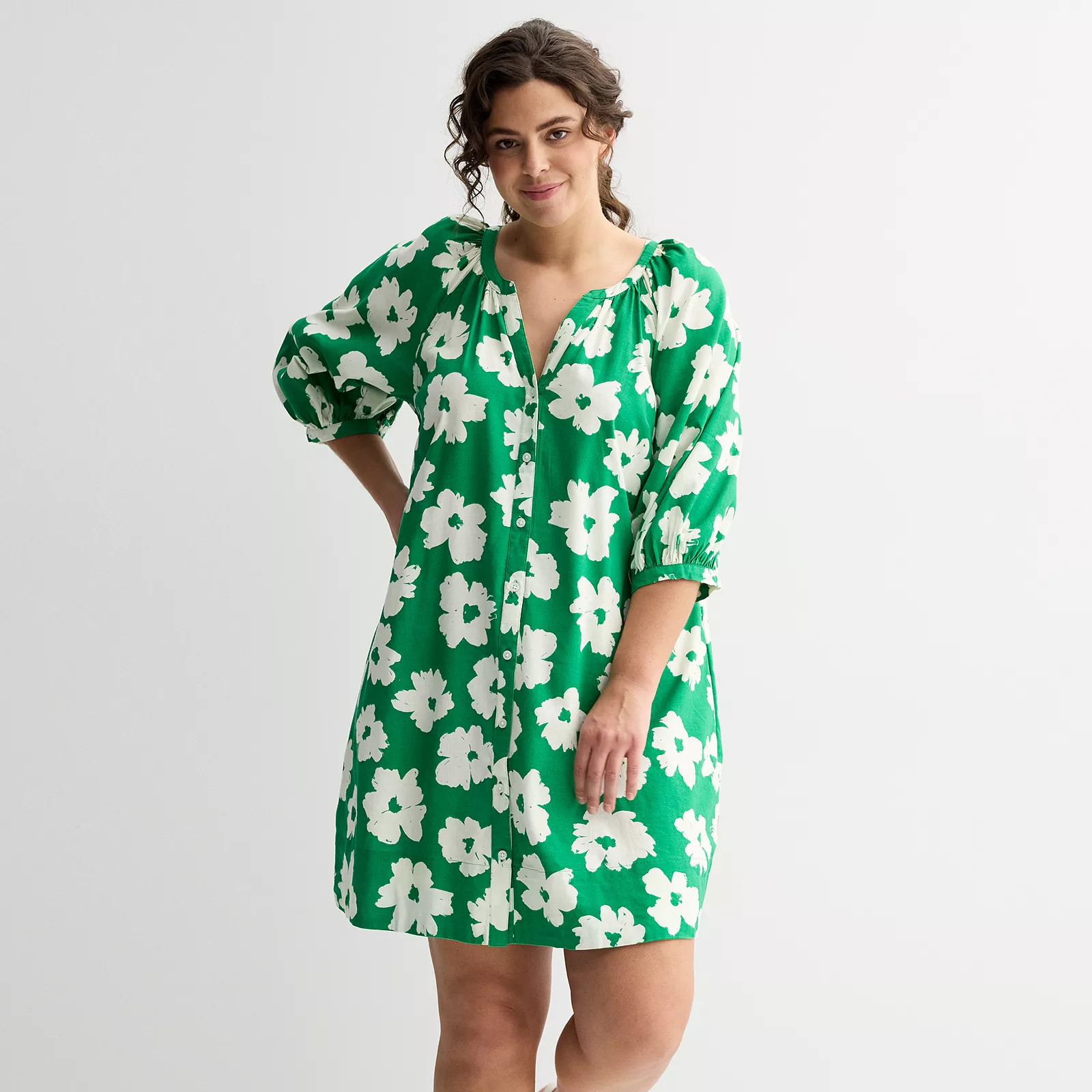 Plus Size Sonoma Goods For Life® Button Front Elbow Sleeve Shift Dress | Kohl's