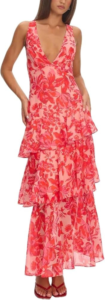 Women's Floral Maxi Dress Sexy Deep V Neck Backless Ruffles Dresses Beach Party Wedding Guest Dre... | Amazon (US)