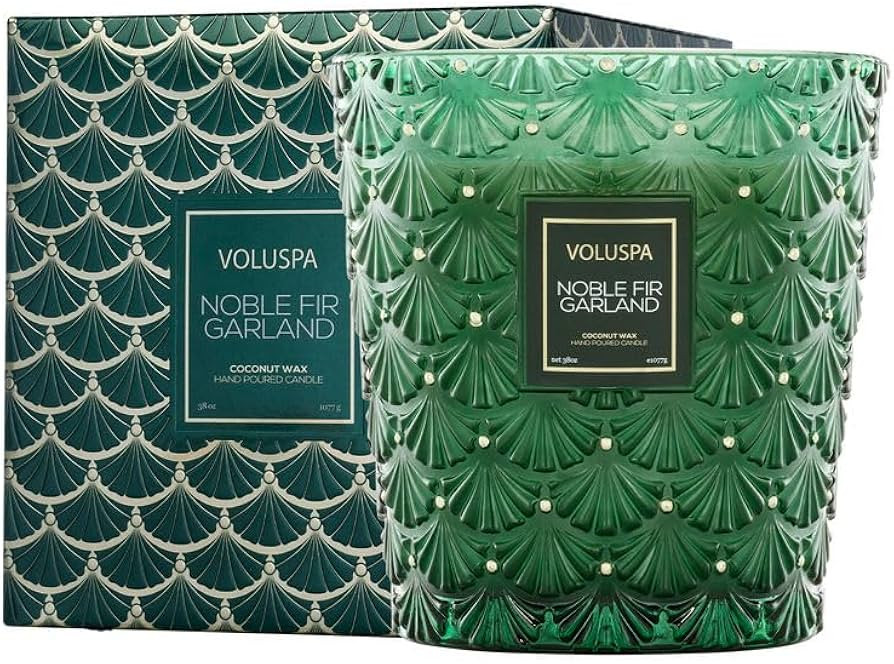 Voluspa Noble Fir Garland, 3 Wick Hearth Candle, 38 oz, 80 Hour Burn Time, Coconut Wax Blend, Chr... | Amazon (US)