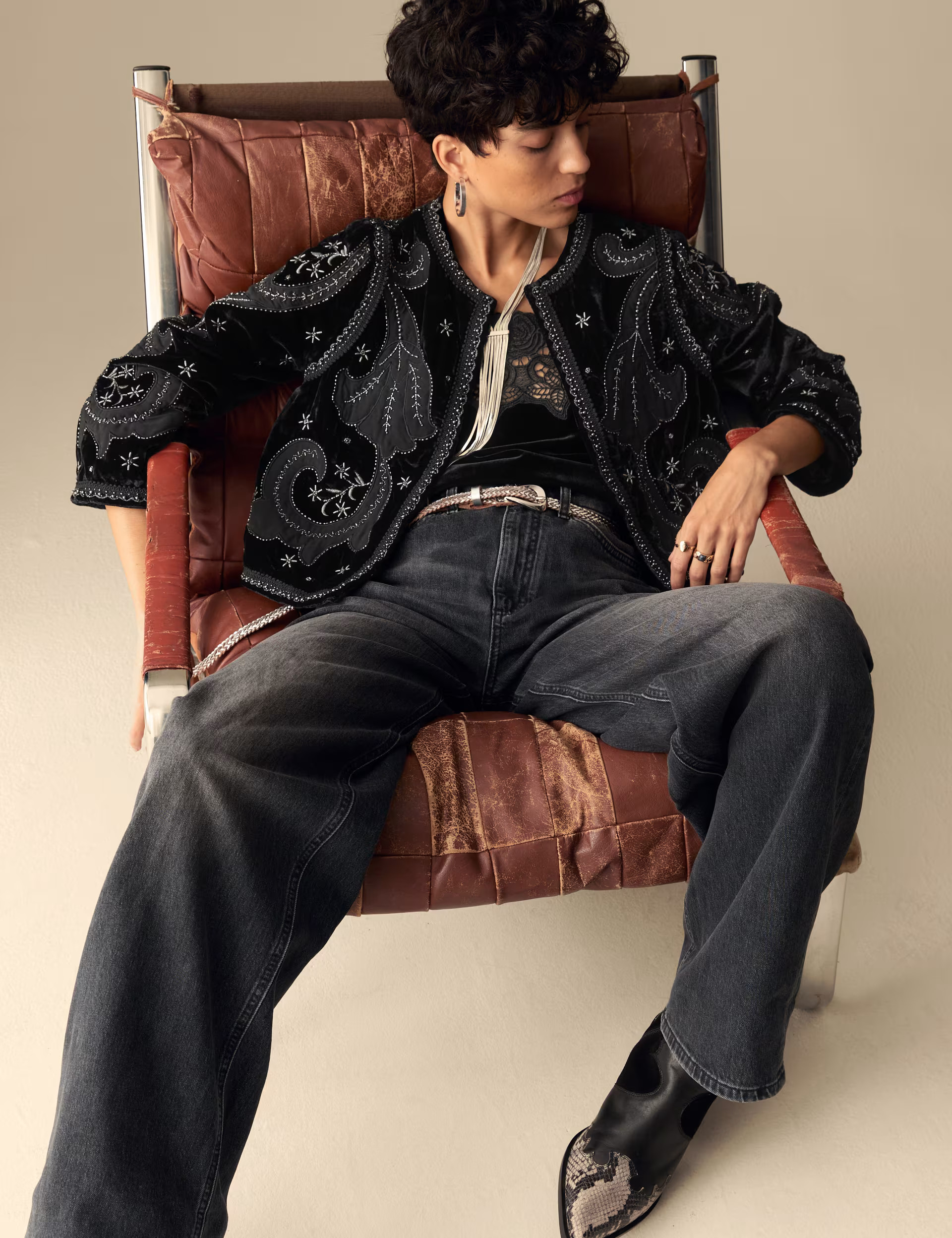 Velvet Embroidered Collarless Cropped Jacket | Marks & Spencer (UK)