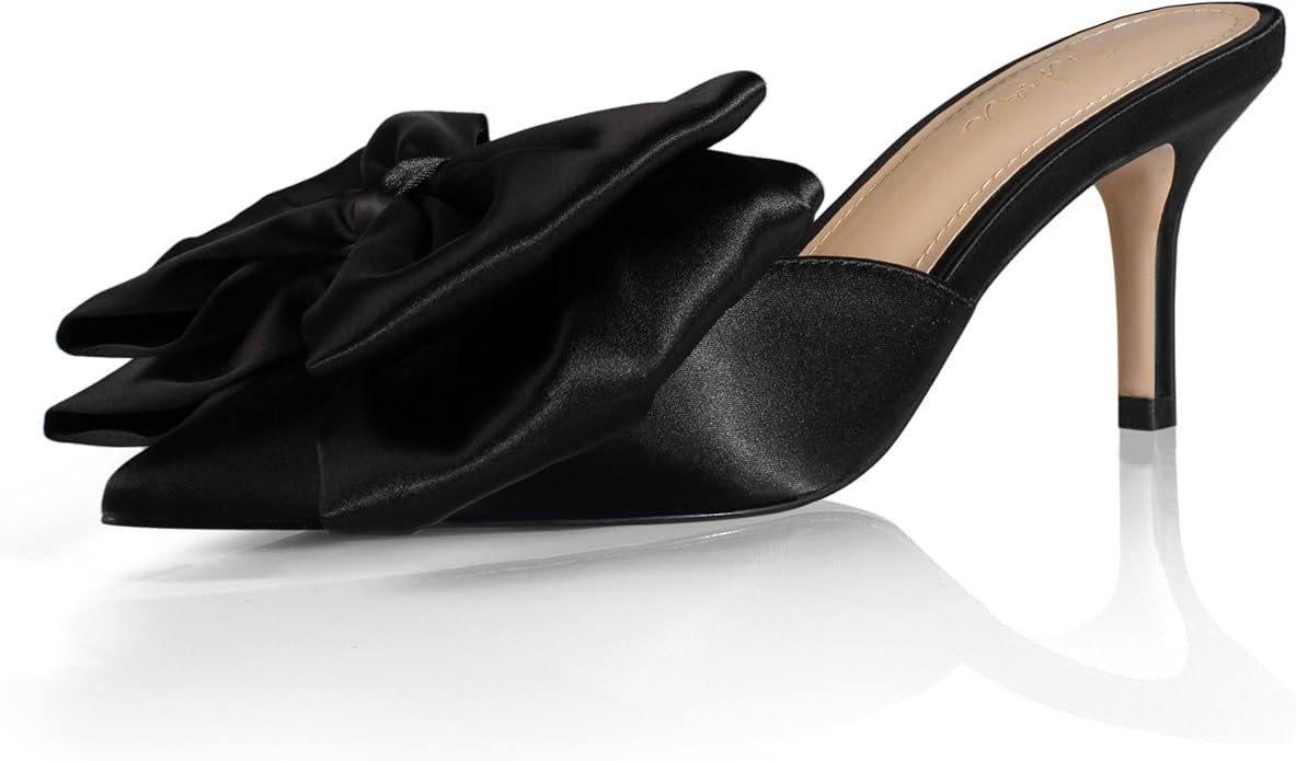 iadore Women's High Heel Sandals, 3'' Satin Closed Pointed Toe Oversized Bow Slip-on Stiletto Sli... | Amazon (US)