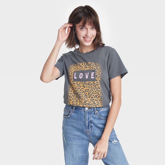 Women's Leopard Print Love Short Sleeve Graphic T-Shirt - Charcoal Gray | Target