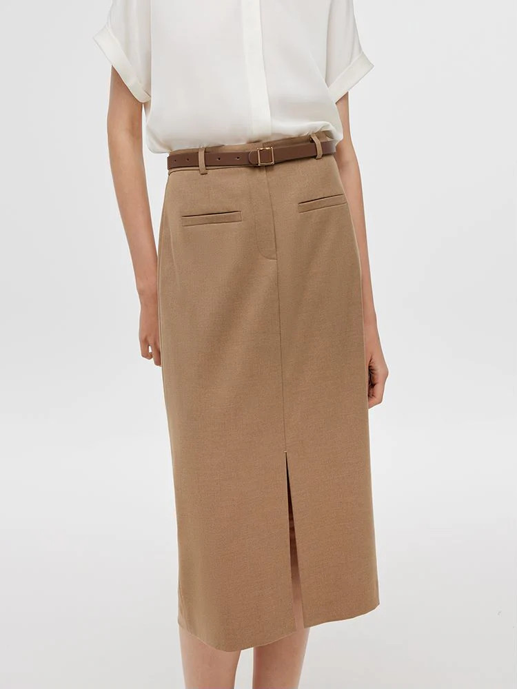 Basic Straight Slit Women Skirt With Belt | GOELIA