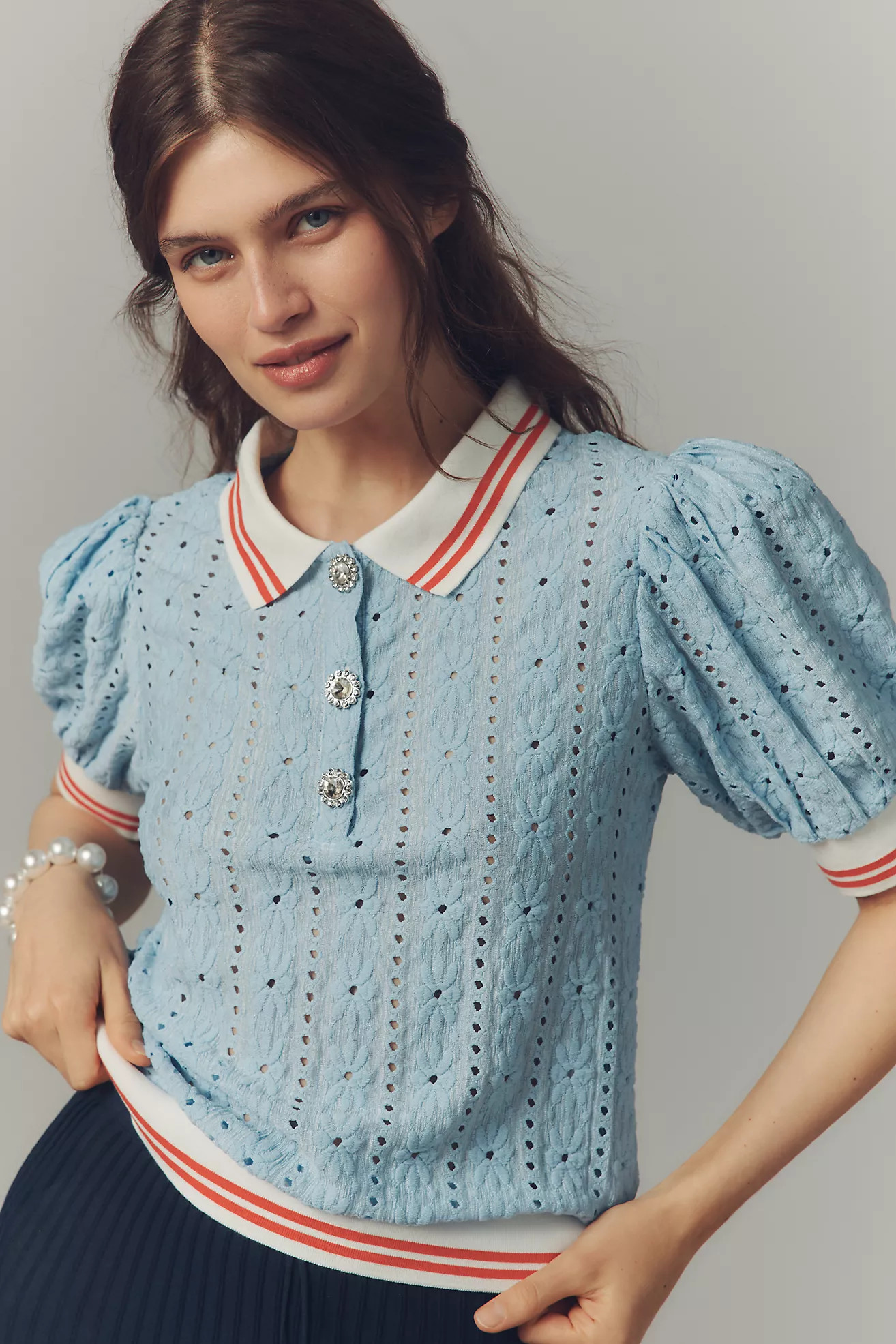 Maeve Puff-Sleeve Lace Polo Top | Anthropologie (US)