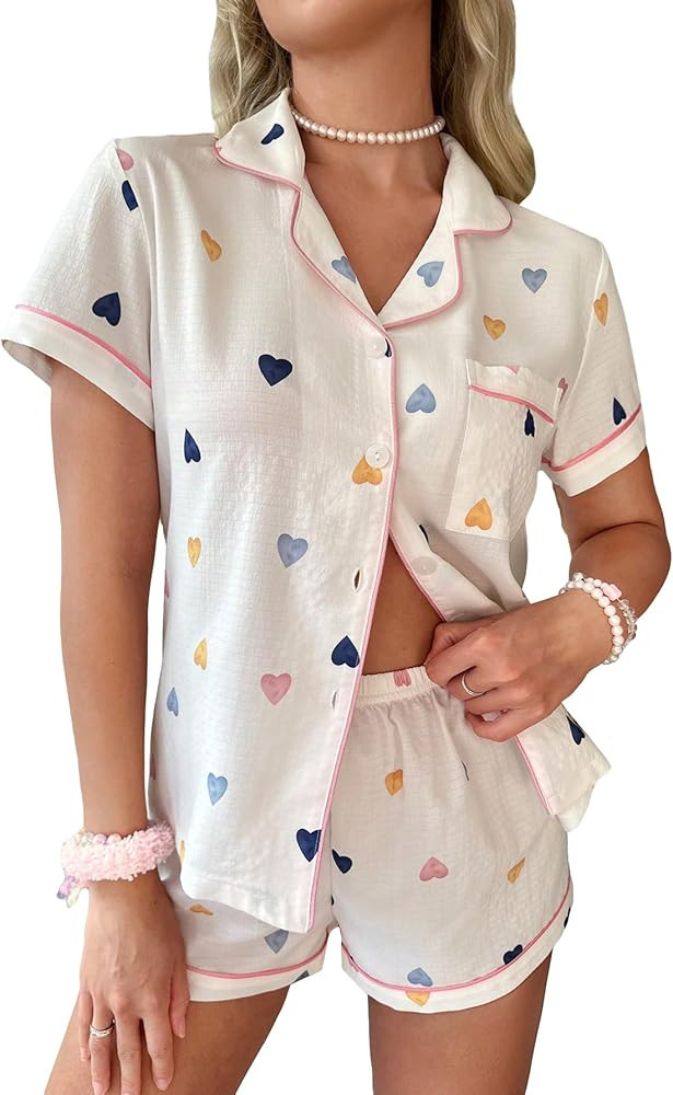 Verdusa Women's 2 Piece Printed Lounge PJ Sets Sleepwear Button Up Shirt with Shorts | Amazon (US)