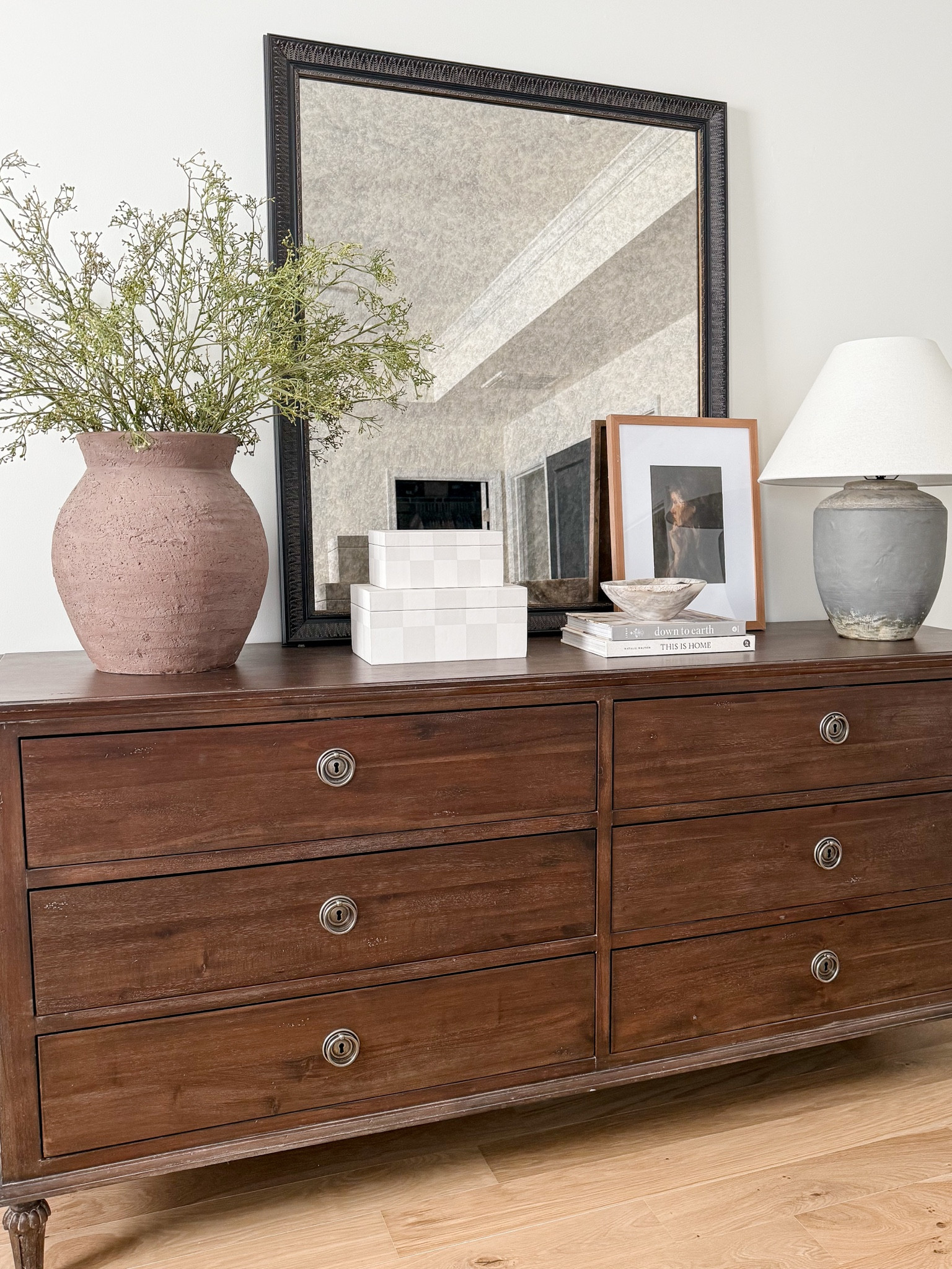 Primary bedroom dresser styling. I was able to customize a mirror for our bedroom from Frame My Mirror by adding this antique effect. The vase is from McGee & Co and such a great buy, but beware it’s huge!! 

#LTKStyleTip #LTKHome #LTKFindsUnder100