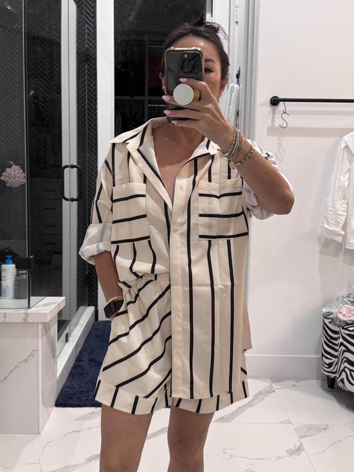 Tankaneo Womens Striped 2 Piece Outfits Button Down Shirts and Shorts Lounge Matching Sets | Amazon (US)