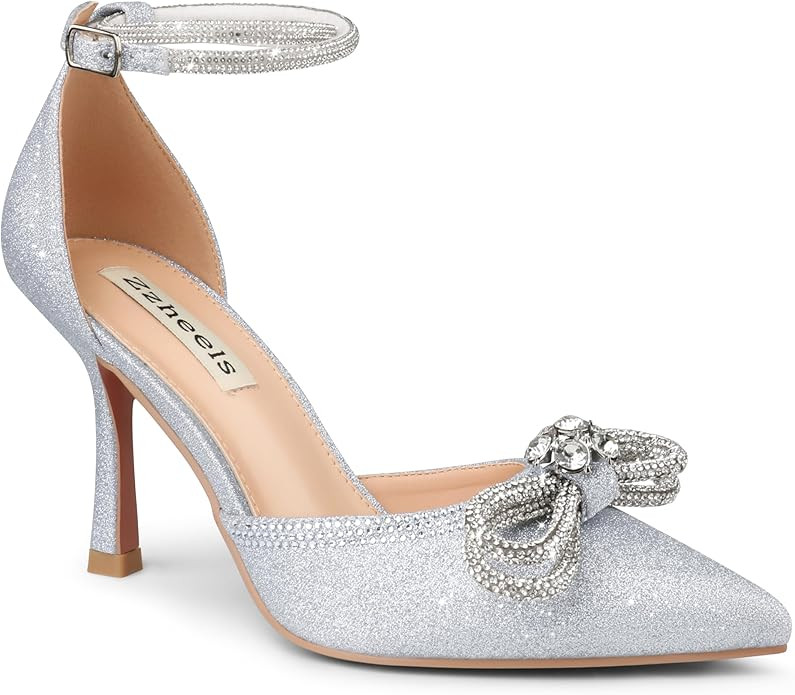 Zzheels Women's Wedding Heels Sparkly Rhinestone Stiletto Pumps Bow Heels Pointed Toe Ankle Strap... | Amazon (US)