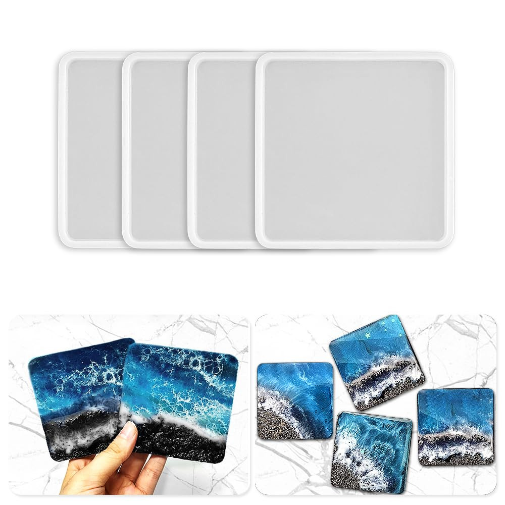 RESINWORLD 4 Pack 4 inches Square Coaster Molds, Shiny Coaster Silicone Mold for Resin, Geode Aag... | Amazon (US)