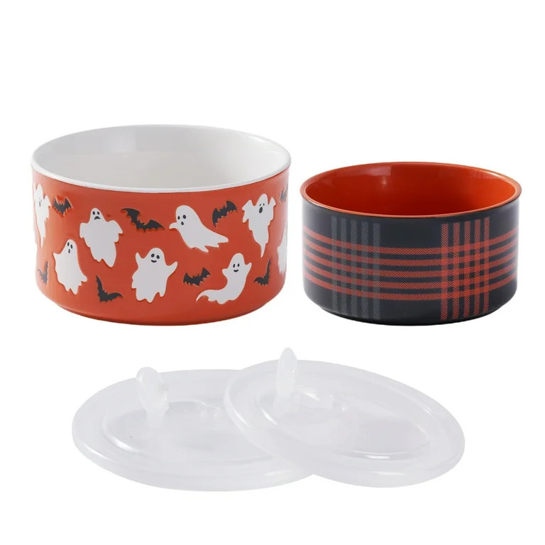 Way to Celebrate 4-Piece Glazed Stoneware Bake & Store Containers Set, Flying Ghost and Bats, Ora... | Walmart (US)