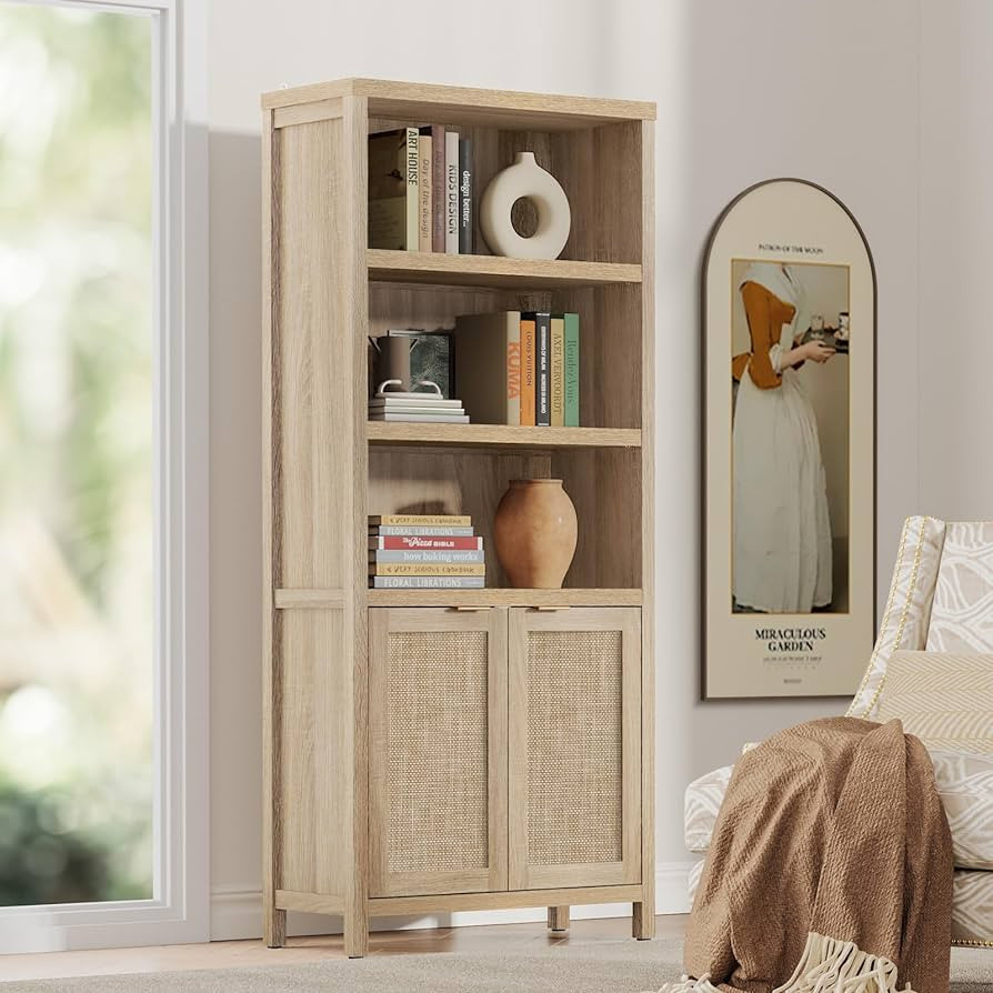 SICOTAS Bookcase 5 Tier Bookshelf Rattan Boho Tall Book Case Shelf with Doors Storage Wood Large ... | Amazon (US)