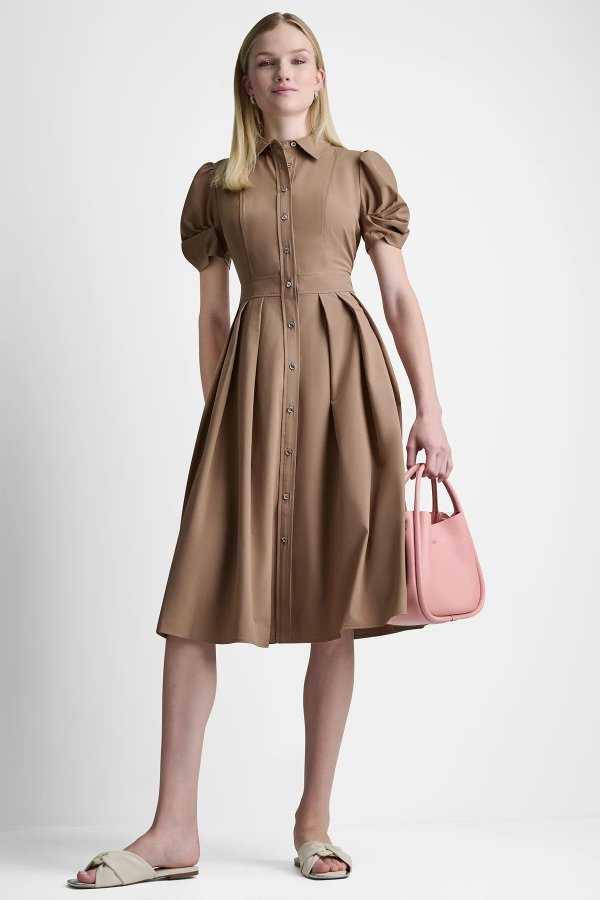 PUFF SLEEVE PLEATED MIDI SHIRT DRESS | DKNY
