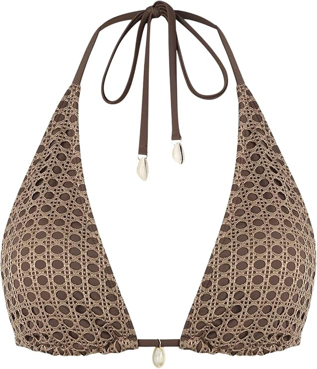 ZAFUL Women's Triangle Bikini Top Multiway Fishnet Tie Back Bandeau Halter String Bikini Swimsuit... | Amazon (US)