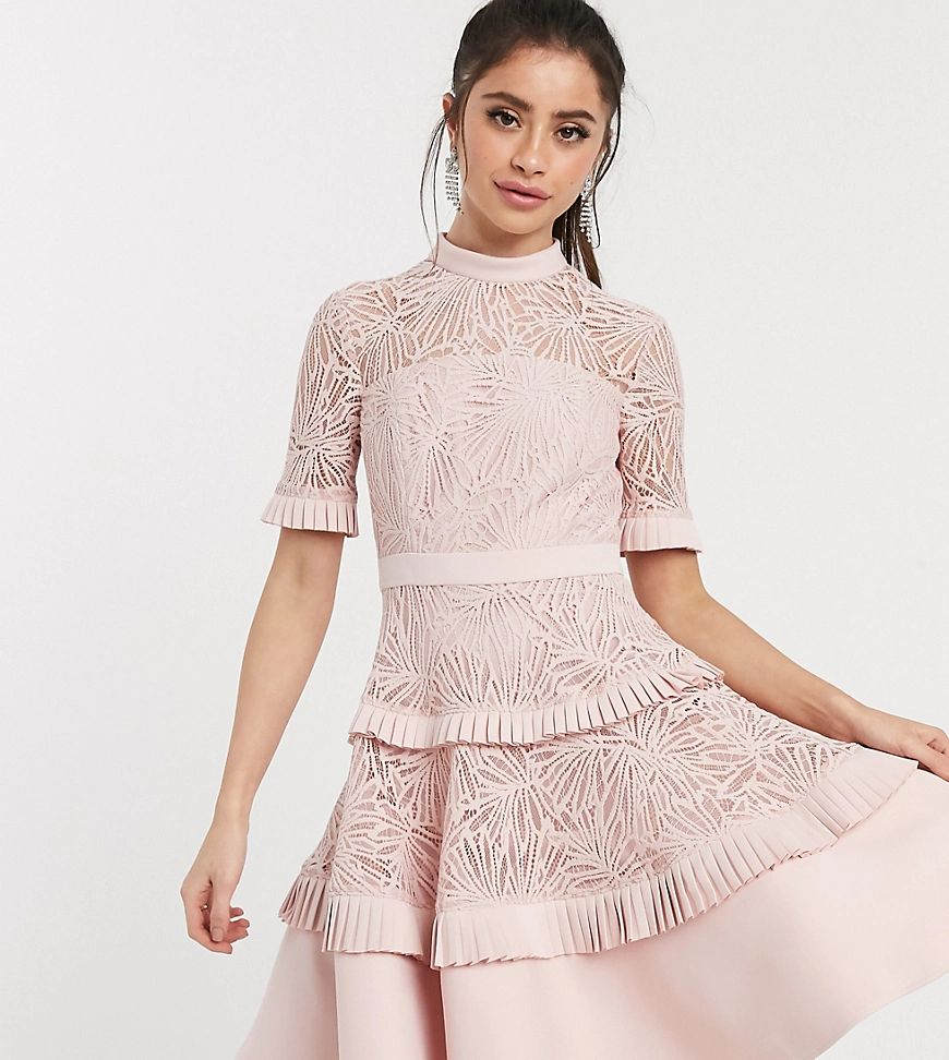 Forever New Petite pleat lace mini dress in blush pink | ASOS (Global)