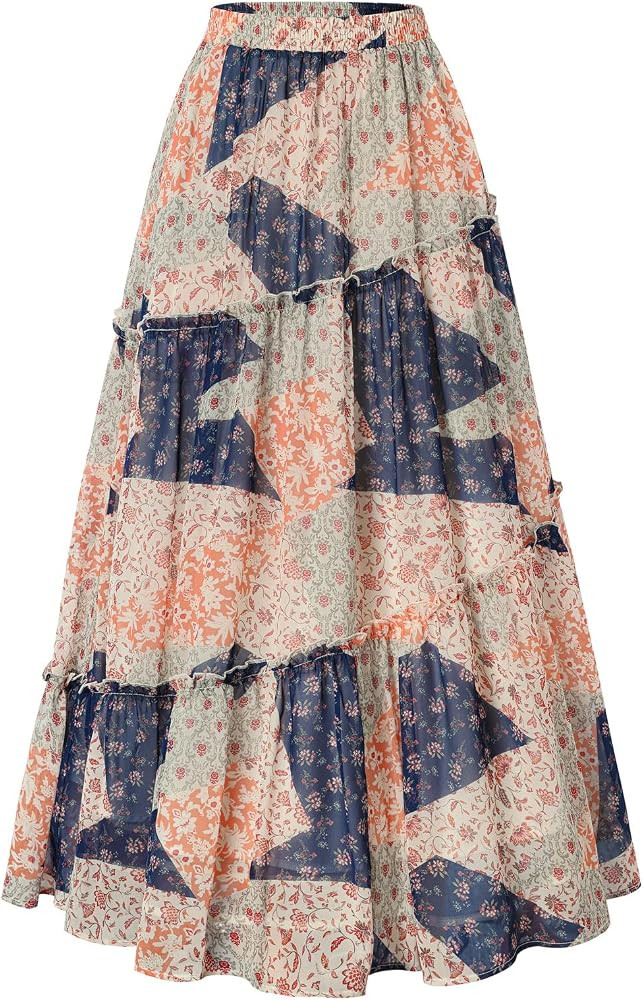 Scarlet Darkness Patchwork Tiered Maxi Renaissance Boho Skirt with Pockets | Amazon (US)
