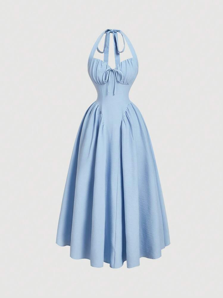 SHEIN MOD Vestido De Mujer Con Cuello Halter, Drapeado Con Lazo, De Estilo Swing, En Color Azul Claro - Conjunto De Ropa De Fiesta Para Mujer, Atuendo De Año Nuevo, Vestido De Baile De Máscaras, Conjunto De Ropa De Cumpleaños Para Mujeres, Vestido Azul Claro Sexy Con Lazo, Vestido De Princesa Para Año Nuevo | SHEIN